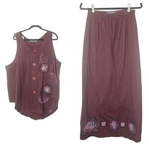 Vintage 90s Blue Fish Tank Skirt Set Burgundy Organic Cotton Lagenlook Art Wear